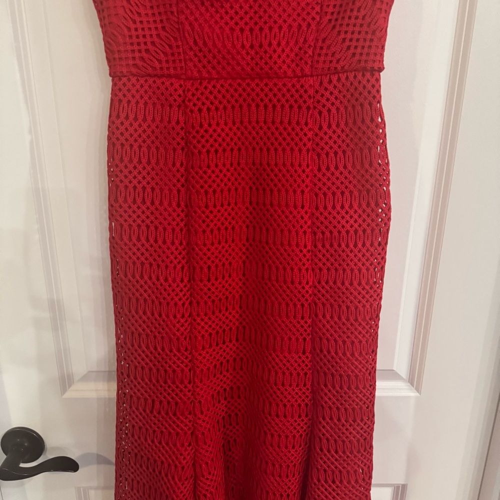 Self Portait Lattice Lace Midi Dress in Red - Picture 8 of 16